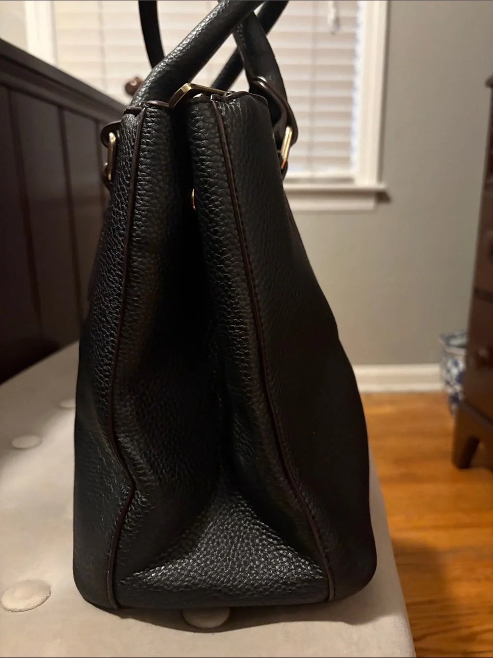 Tory Burch Black Pebbled Leather Satchel with Gold Logo